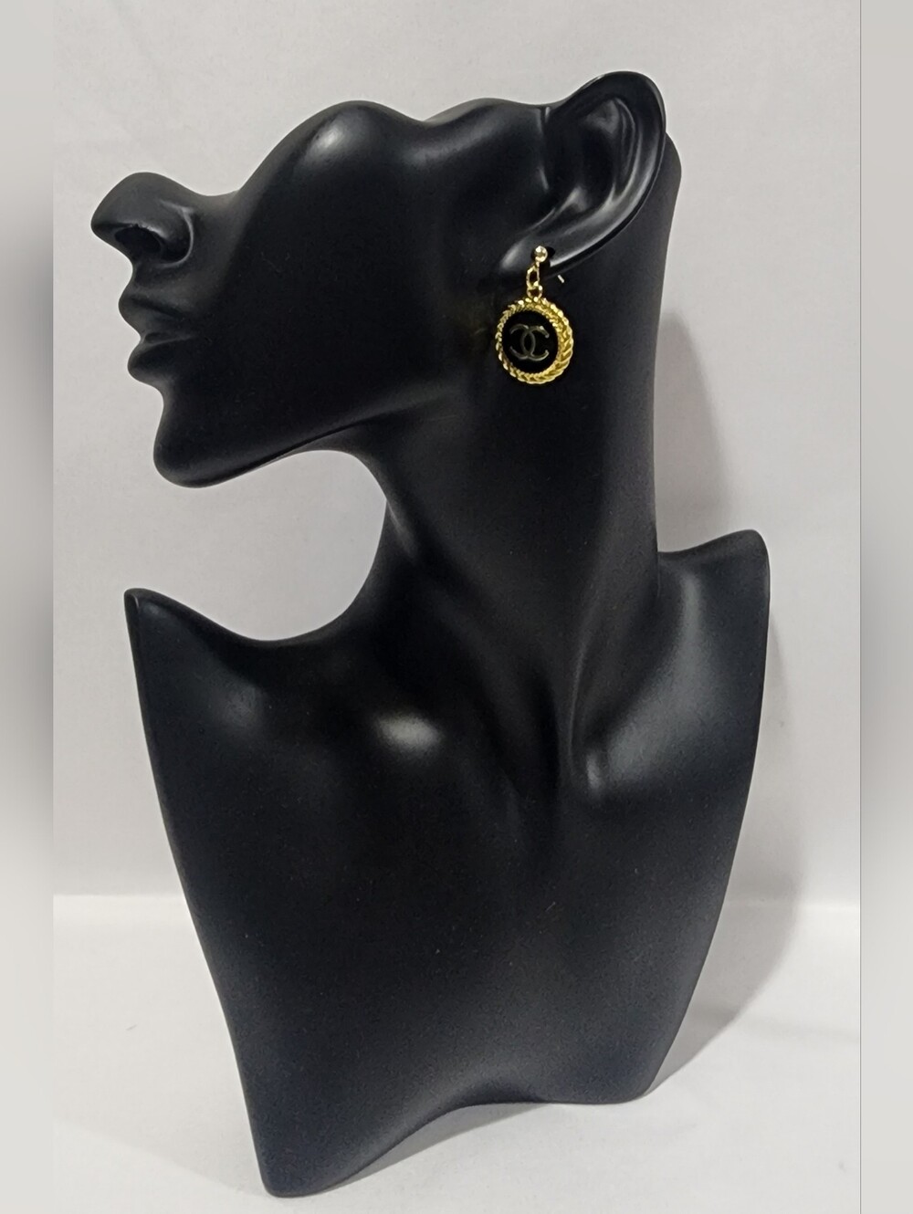 CHANEL Charms Gold-Tone Earrings with Black Enamel CC